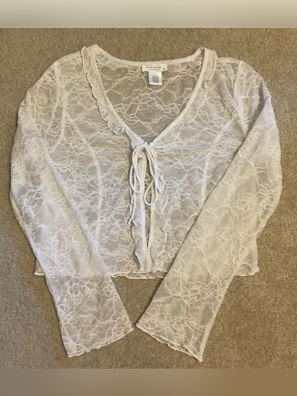 White Long Sleeve Crop Lace Mesh Stretch Coquette Fairy Ethereal Festival Top L